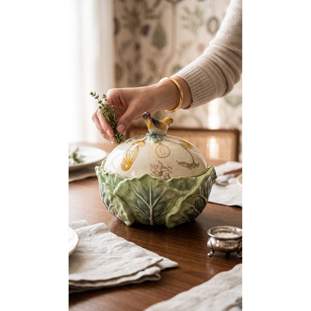 Fitz & Floyd Fattorin Cabbage Leaf & Bird Covered Vegetable Dish Farmhouse